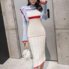 Long-sleeve Ruffle-trim Color Block Midi Knit Dress As Shown In Figure - One Size