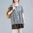 Short-sleeve Floral Print T-shirt Pink & Green & Gray - One Size