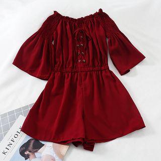 Elbow-sleeve Lace-up Playsuit