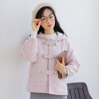 Double-breasted Plaid Hooded Coat