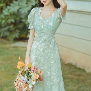 Puff-sleeve Embroidered Chiffon Midi A-line Dress