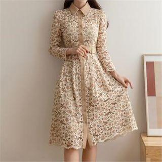 Floral Laced Shirtdress With Belt