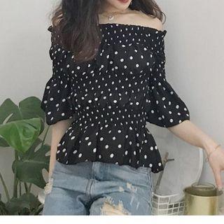 Off-shoulder Polka Dot Flare-sleeve Chiffon Top