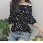 Off-shoulder Polka Dot Flare-sleeve Chiffon Top
