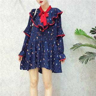 Long Sleeve Ruffle Trim Pattern Dress Blue - One Size