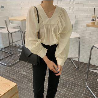 Long-sleeve V-neck Blouse Almond - One Size