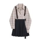 Set: Long Sleeve Checked Shirtdress + Pleated Wrapped Skirt