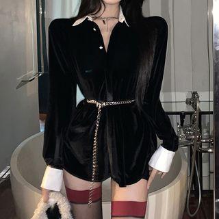 Color Block Velvet Shirt With Chain