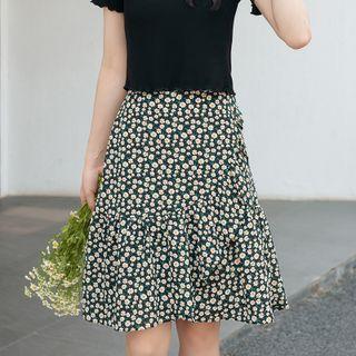 Daisy Print Ruffle Trim Mermaid A-line Skirt