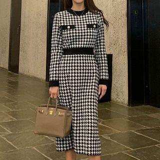 Long-sleeve Houndstooth Midi Dress Houndstooth - One Size