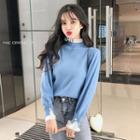 Mock Two Piece Lace Ruffle Trim Faux Pearl Knit Top