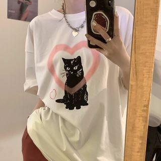 Elbow-sleeve Cat Print T-shirt Cat Print - White - One Size
