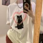 Elbow-sleeve Cat Print T-shirt Cat Print - White - One Size