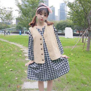Plaid Long-sleeve A-line Dress / Buttoned Vest