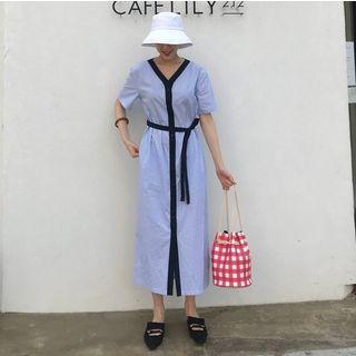 Striped Short-sleeve V-neck Shirtdress With Sash