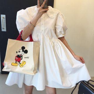 Puff-sleeve Collared Plain Loose Fit Dress