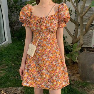 Puff-sleeve Off-shoulder Floral Print Mini A-line Dress