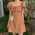 Puff-sleeve Off-shoulder Floral Print Mini A-line Dress