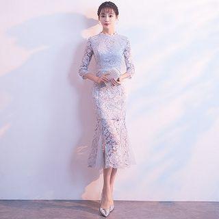 3/4-sleeve Lace Midi Mermaid Dress