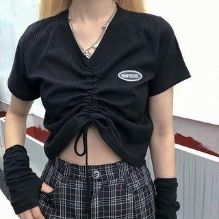 V-neck Drawstring Top Black - One Size