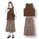 Plain Shirt / Pocket Detail Vest / Plaid Midi A-line Skirt