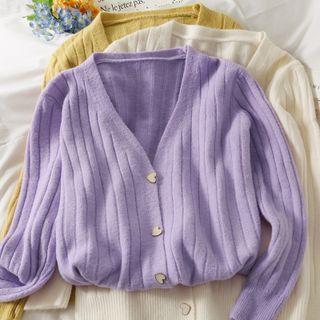 Heart-button Ribbed-knit Cardigan