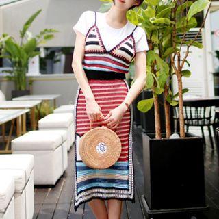 Set: Short-sleeve T-shirt + Spaghetti Strap Knit Top + Skirt