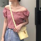 Plaid Off-shoulder Puff-sleeve Top As Shown In Figure - One Size