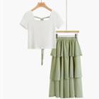 Set: Short-sleeve Top + Tiered Midi Skirt Top - White - One Size / Skirt - Green - One Size