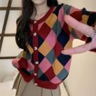 Argyle Print Cardigan Red & Pink - One Size