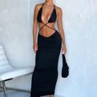 Halter Cross Strap Cut-out Maxi Sheath Dress