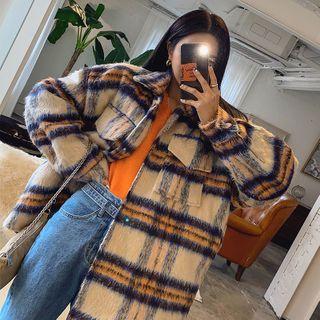 Flap-pocket Oversized Plaid Jacket Beige - One Size