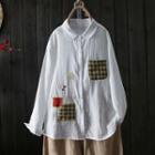 Plaid Panel Flower Embroidered Shirt White - One Size