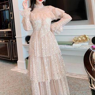 Mesh Long-sleeve Midi Tiered Dress