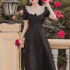 Short-sleeve Lace Trim Floral Midi A-line Dress