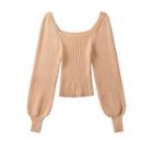 Bishop-sleeve Cropped Knit Top Khaki - One Size