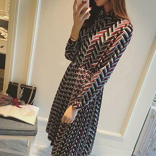 Long-sleeve Printed Dress Red - One Size