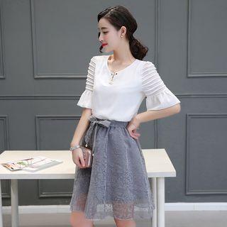 Faux Pearl Bow Accent Elbow Sleeve A-line Dress