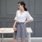 Faux Pearl Bow Accent Elbow Sleeve A-line Dress