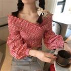 Long-sleeve Off-shoulder Checked Crop Top Long-sleeve - Plaid - One Size