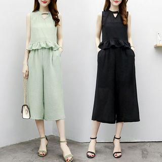 Set: Sleeveless Ruffle Trim Top + Cropped Wide Leg Pants