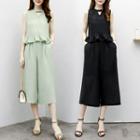 Set: Sleeveless Ruffle Trim Top + Cropped Wide Leg Pants