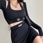Plain Long-sleeve Crop Cardigan / Set: Halter Sleeveless Top + Mini Skirt - 2 Colors