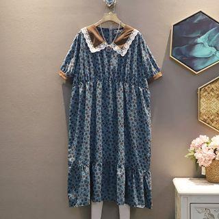 Short-sleeve Peter Pan Collar Panel Lace Floral Dress
