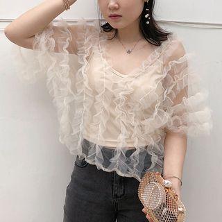 Set: Plain Camisole Top + V-neck Elbow-sleeve Mesh Top