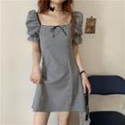 Puff-sleeve Checkered Mini Sheath Dress