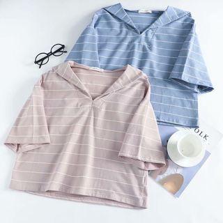 Short-sleeve Pinstriped Sailor Collar T-shirt