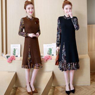 Mock Two-piece Flower Print Long-sleeve Dress