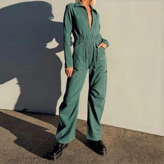 Long Sleeve Collar Zip-up Cargo Jumpsuit