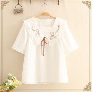 Bear Embroidered Collar Short Sleeve Top White - One Size